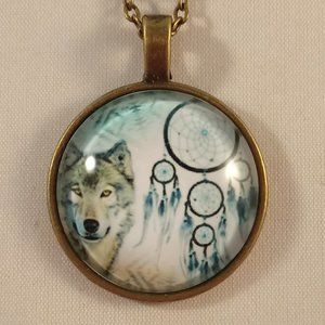Men's Silver Gray Wolf Native Warrior Pendant Cabochon Gold Chain Necklace Gift